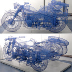 Blue CJ750, A Wireframe Motorcycle With Sidecar Sculpture